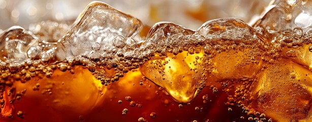 Close-up of a soda with ice cubes, emphasizing the dynamic bubbles and deep amber color. A high-resolution shot ideal for beverage advertising.