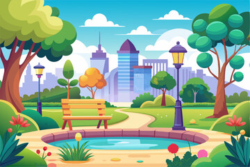 A City Park with a Pond, Bench, and Streetlights