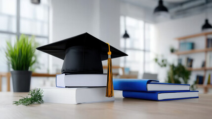 A graduation cap placed on stacked books in a modern office, symbolizing education, success, and academic achievement.