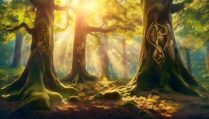 Glimmering Canopy: The Ancient Trees of the Golden Hour"

"Runes and Radiance: The Mystical Realm of the Sunlit Forest"