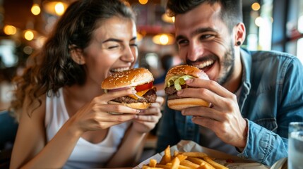 A couple enjoys delicious burgers and fries at a bustling restaurant during the evening, sharing laughter and good times over their meal