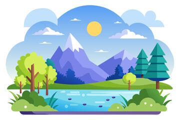 Naklejka premium A serene landscape with mountains, a river, and trees under a sunny sky.