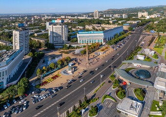 View from a quadcopter of Republic square of the Kazakh city of Almaty on a sunny summer day
