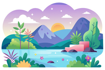 Sunset Landscape with Mountains, Lake, and Lush Foliage