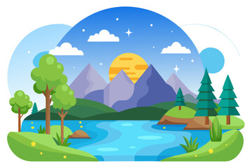 A Serene Mountain Landscape with a Winding River and Lush Trees
