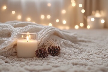 aesthetic winter photo of blanket with candle and pine cones
