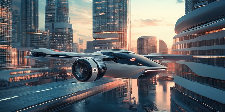 Futuristic car flying over futuristic city.