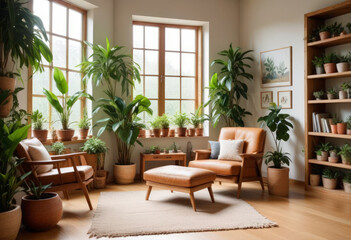 Light and cozy interior with an armchair surrounded by many pots with indoor plants