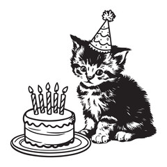Kitten with Birthday Cake and Party Hat Illustration