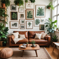 Cozy interior of a bright living room with a sofa and lots of green indoor plants around