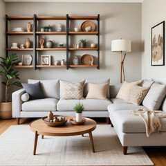 Cozy interior of a bright living room with a sofa and lots of green indoor plants around