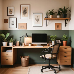 Fototapeta premium Interior of home workspace with computer and shelves with lots of indoor green plants
