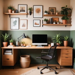 Interior of home workspace with computer and shelves with lots of indoor green plants