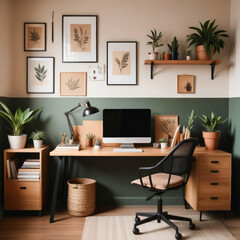 Fototapeta premium Interior of home workspace with computer and shelves with lots of indoor green plants
