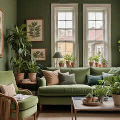 Cozy interior of a bright living room with a sofa and lots of green indoor plants around