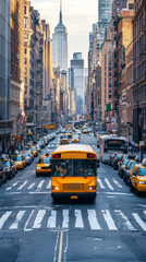 A yellow school bus drives down a busy city street