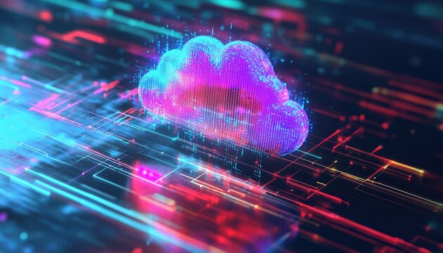 A glowing cloud symbol formed of data in a network of digital lines.
