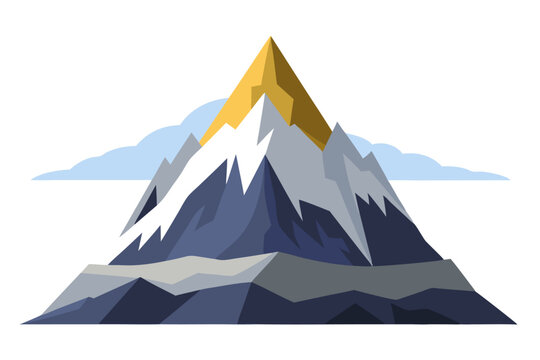 A stylized illustration of a snow-capped mountain peak with a golden summit
