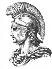 Obraz premium Black and white Vintage engraved art of a classic half-body portrait statue of Ares with a helmet, isolated on white background, ink sketch illustration, simple vector art design, highly detailed