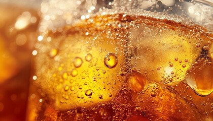 Macro shot of a chilled carbonated drink with ice cubes, emphasizing the dynamic bubbles and warm amber tones. Ideal for summer beverage advertising.