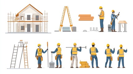 Naklejka premium Construction workers collaborating on building a house with tools, scaffolding, and materials in a structured work environment.