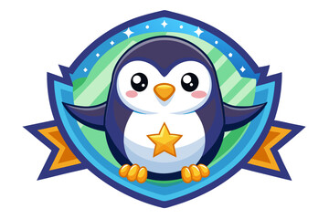 Fototapeta premium Cute Cartoon Penguin Holding a Star in a Colorful Shield
