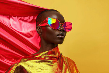 Black woman in Gold Jacket and Red Sunglasses. Generative AI