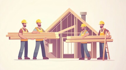 Four construction workers carry wooden beams to build a house. Teamwork and collaboration in home construction are depicted.