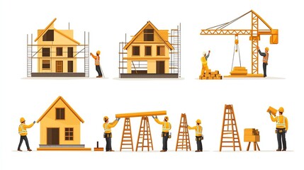 Illustration depicting various stages of house construction with workers, cranes, and scaffolds in vibrant yellow colors.
