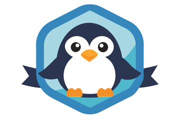 Obraz premium Cartoon Penguin in a Blue Hexagon with Ribbons