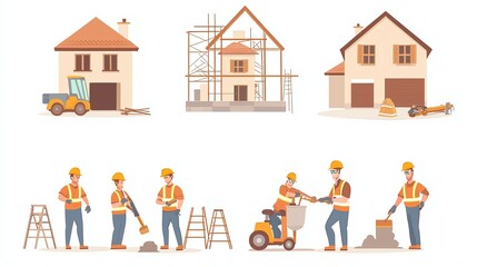Illustration of construction work featuring tools, equipment, and workers building residential homes in a safe environment.