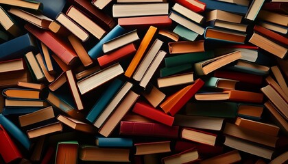 A colorful collection of books stacked together, showcasing various textures and colors, perfect for literary themes.