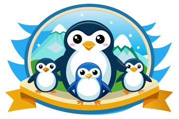 Fototapeta premium Penguin Family with a Yellow Banner in Snowy Mountains