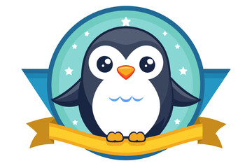 Naklejka premium Cute Cartoon Penguin with a Yellow Ribbon
