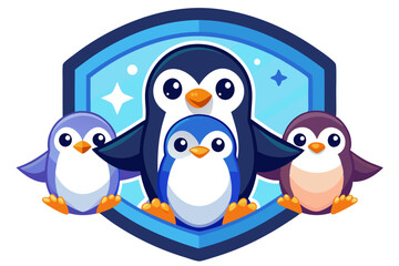 Naklejka premium Four Cute Penguins Inside a Blue Shield