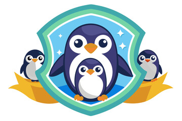 Fototapeta premium Cartoon Penguin Family in a Shield with Yellow Ribbons