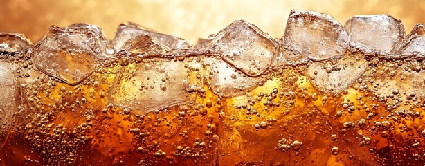 Close-up of sparkling soda with ice cubes, featuring the dynamic bubbles and deep amber tones. Perfect for beverage advertising and drink-related content.