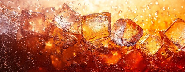 Close-up of sparkling soda with ice cubes, featuring the dynamic bubbles and deep amber tones. Perfect for beverage advertising and drink-related content.