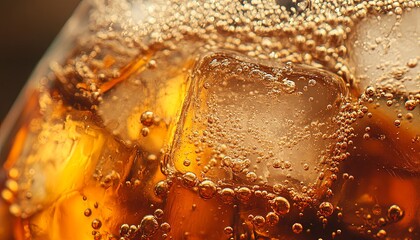Macro shot of a soda with ice cubes, capturing the effervescent bubbles and rich amber hues. Ideal for summer-themed drink ads.