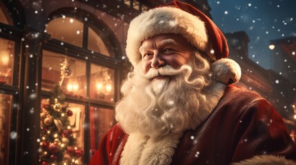 Magical Christmas background with Santa Claus. Winter fairytale style. Holiday celebration concept.