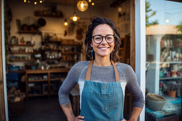 Fototapeta premium Woman Standing in Front of Store With Hands on Hips. Generative AI