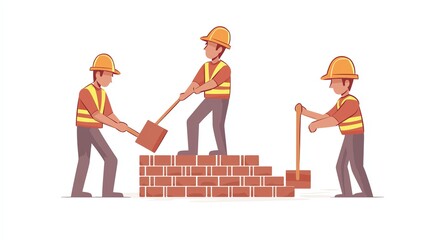 Three construction workers building a wall with bricks, wearing helmets and safety vests, showcasing teamwork and hard work.