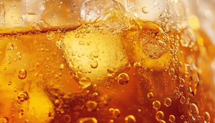 Macro shot of a soda with ice cubes, capturing the effervescent bubbles and rich amber hues. Ideal for summer-themed drink ads.