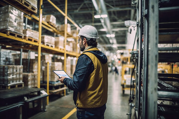 Man in Warehouse Looking at Tablet. Generative AI