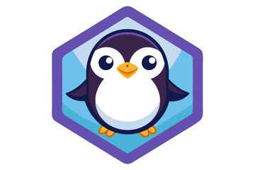 Cartoon Penguin in Hexagon with Blue and Purple Background