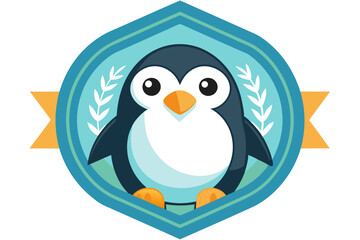 Naklejka premium Cartoon Penguin Inside a Blue and Green Circular Badge