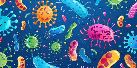 A bright colorful image of various bacteria and viruses. Illustration of the diversity of microorganisms in cartoon form on a blue background.