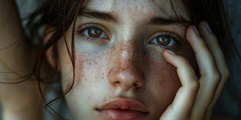 Portrait of a beautiful woman with freckles supporting her head with her hand. The girl touches her face with her palms.