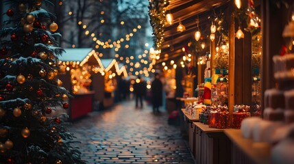 16. A festive winter market with stalls selling holiday goods and twinkling lights