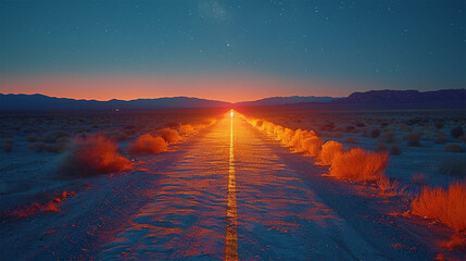 Long exposure of a deserted desert road at night with a car's headlights illuminating the path. Made with generative ai
